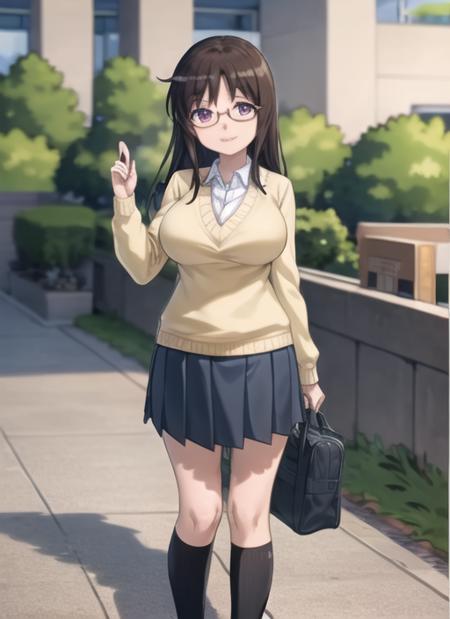 <lora:MiyanoMayu:0.7> MiyanoMayu, 1girl, solo, breasts, smile, skirt, large breasts, long sleeves, school uniform, standing, full body, pleated skirt, shoes, glasses, socks, sweater, kneehighs, loafers