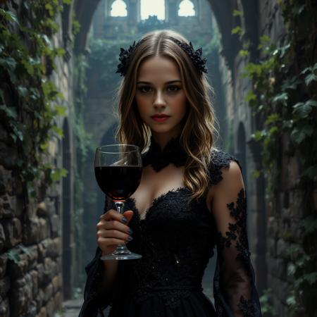 cinematic photo cinematic style, beauty, realism, photorealism, chiaroscuro, high quality, nai23face, a mysterious woman in a black lace dress holding a goblet of wine in an ancient castle, with grapevines creeping along the stone walls. 35mm photograph, film, bokeh, professional, 4k, highly detailed