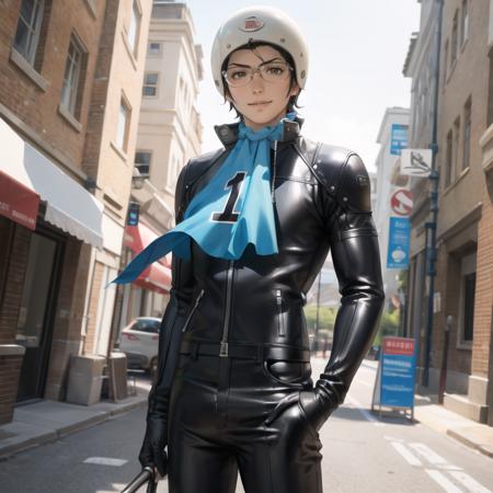 masterpiece, best quality, 1boy, solo,  smile, <lora:Nanjo:1>, nanjop2, bikesuit, blue ascot, glasses, helmet