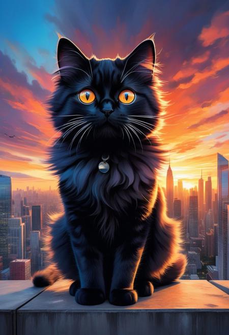A captivating illustration masterpiece of a ((cute cat)) with (((huge))) ((oversized)) ((manga-style eyes)), feline is gazing very longingly into the camera lens. The cat's fluffy fur contrasts with its sleek black attire, and it sits on a transparent cloud, as if levitating above the ground. The background showcases a vibrant cityscape with towering skyscrapers and a dramatic sunset, creating a delightful mix of urban and whimsical elements, from above