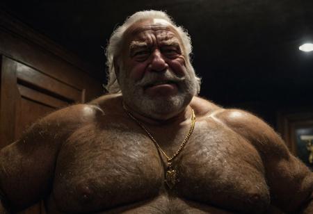(photo, realistic, raw), (nighttime, at night, dark, dark hard shadows, cinematic atmosphere, movie grain, hazey atmosphere), closeup from below, (etherial, spiritual, emperor, king, god), old burly buff gentleman, old manly mature man, combed back hair,  doublechin, old hairy tanned grandpa, wrinkly neck, hairy chest, proud big hairy chest, thick neck, hairy armpits, tanned skin, tight golden spandex, gold jewellery, gold necklace, in a dark locker room at night, nighttime, arrogant disgusted disappointed smile, intimite situation, romantic atmosphere, stern, serious, angry, sad expression,