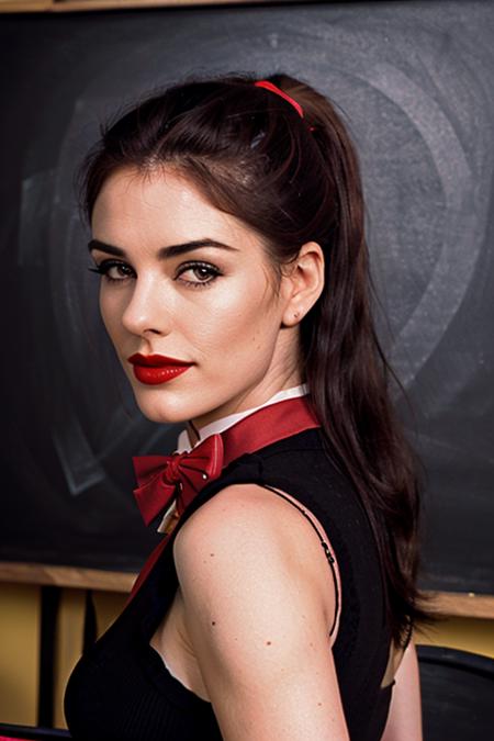 photo of ehurley-1764, a woman, (smug, horny),  ((ponytail):1.1), ((bowtie, shirt):1.2), ((closeup, portrait)), ((classroom, chalkboard):1.2),((red lipstick,eyeliner, eye shadow, blush)), ((best quality, masterpiece, extreme details, high resolution):1.2),((detailed eyes, beautiful eyes, detailed face, beautiful face):1.2)