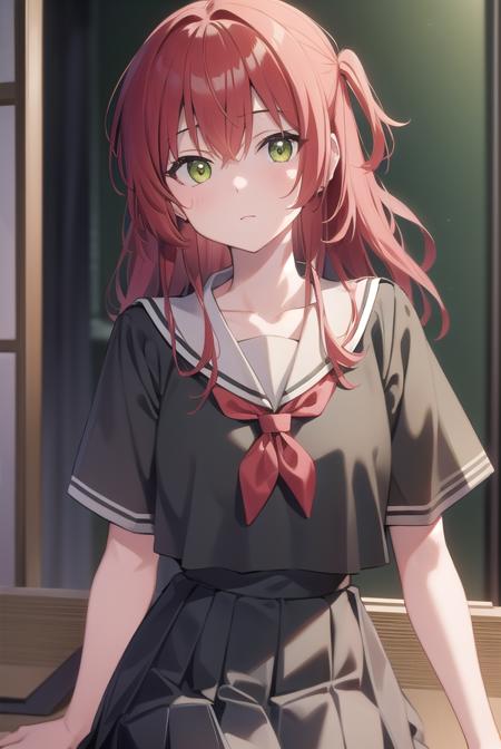 kitaikuyo, <lora:ikuyokitatest:1>, ikuyo kita, (green eyes:1.5), hair between eyes, long hair, one side up, red hair, (flat chest:1.2),
BREAK black footwear, black skirt, grey sailor collar, pleated skirt, sailor collar, school uniform, shoes, short sleeves, shuka high school uniform, skirt,,
BREAK looking at viewer,
BREAK indoors, classroom,
BREAK <lora:GoodHands-vanilla:1>, (masterpiece:1.2), best quality, high resolution, unity 8k wallpaper, (illustration:0.8), (beautiful detailed eyes:1.6), extremely detailed face, perfect lighting, extremely detailed CG, (perfect hands, perfect anatomy),