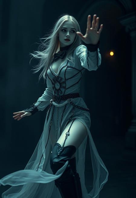 zavy-cnmtc, cold dim pale spectral ethereal Natural Dramatic cinematic lighting, authentic candid long shot  in real life High resolution HD masterwork 32K DSLR Photo with analog film showing whole body, in action, Sui generis, unique latex and bondage based reality/culture, ghostly science-fantasy reality,  ornate, intricate, sleek beautiful 25 year old woman Druidess in high tech society, innate subconscious sensuality, Dryad inspired poets shirt and breeches, facing pov spinning on matching themed sleek fetish thigh-high boots, realistic weathered/textured dull matte pale white smooth skin, motile emotive aristocratic face, extreme lifelike detail, Extremely high resolution details, photographic, realism pushed to extreme, fine texture, incredibly lifelike, ((no tattoos) . Dark, mysterious, haunting, dramatic, ornate, special effects shot . shallow depth of field, vignette, highly detailed, high budget, bokeh, cinemascope, moody, epic, gorgeous, film grain, grainy . Extraterrestrial, cosmic, otherworldly, mysterious, sci-fi, highly detailed .professional, 4k, highly detailed   $low resolution, watermark, signature, bad anatomy, bad hands, oily skin, shiny skin$,