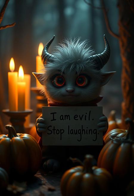 Create an image of a small, fluffy pouty creature with large cute adorable baby eyes and horns, holding a sign that says "I am evil. Stop laughing." The creature is surrounded by candles in a dimly lit room, giving off an eerie yet whimsical atmosphere. Make the character cute adorable child-like and dressed in a Halloween costume. Add some pumpkins around the character. Make the pumpkins glow.  the background is a spooky forest. moody, grainy, noisy, concept art, by Alberto Seveso, Cyril Rolando, Dan Mumford, Meaningful Visual Art, Detailed Painting, Digital Illustration, Unreal Engine 5, 32k maximalist, hyperdetailed fantasy art, 3d digital art, sharp focus, masterpiece, fine art"
.
<lora:Dever_Flux_Enhancer:0.5>
<lora:midjourney_whisper_flux_lora_v01:0.65> Midjourney_Whisper
<lora:Midjourney_-_SemiReal_Dreams_FLUX_LoRA:0.65>
<lora:Dreamy_Illustrations_FLUX_LoRA-000001:0.65>