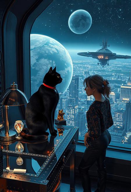 A sleek black cat with red collar sits on a cluttered metal riveted desk with transparent top and micro-LED lighted computer components visible inside, On the desk is a gold and lacquer maneki neko statue and an art deco glass and metal lamp, the Black Cat is looking out of a seamless and futuristic floor to ceiling window that looks out at a planet from low orbit, the planet is covered with the lights of enormous buildings and cities, a beautiful woman, 24 years old, is standing next to the desk the cat is sitting on and looking longingly out the window, the woman is dressed in an ornate Japanese style shirt and elegant leather pants with an ornate design. An enormous deco starship with futuristic lighting and an enormous space station are visible in the background among the stars, The woman's hair is messy from just waking up and tied up with a ribbon.  Artistic art deco, dynamic perspective, overall architectural aesthetic is Art Deco Cyberpunk.  Epic image that elicits a feeling of wonder and awe,