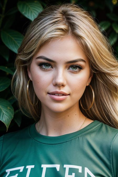 photo of fit (k4t3upt0n-135:0.99), a beautiful woman, perfect blonde hair, (modern photo), (Spring Green  graphic tee), ((smokey Mochabackground:1.1)), 85mm, (analog, cinematic, film grain:1.3), detailed eyes, painted lips, eyeliner, earrings, (epicPhoto), (looking at viewer), (cinematic shot:1.3), PA7_Portrait-HL_v2