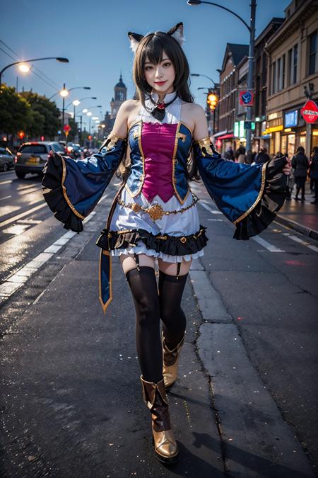 best quality, masterpiece, realistic, (photorealistic:1.4), 1girl, solo, full body, smile, karyl costplay costume, cosplay, animal ears, detached sleeves, thighhighs, boots, detailed background, in street, night, <lora:karyl_cosplay_costume_v1:0.65>