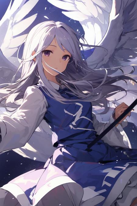 sariel_(touhou) solo, 1girl, toriel, silver_blue_hair, smile, crazy_grin, red_eyes, purple dress, emblem_on_chest, tabard, large_breasts, long_sleeves, hair_between_eyes, very_long_hair, wings, ((multiple wings, seraph)):2, angel wings, feathered wings, angel_with_six_wings, white wings, 