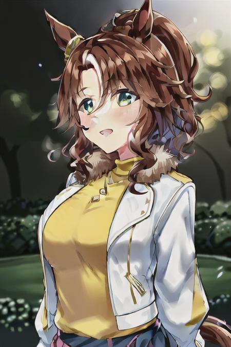 original, an extremely delicate and beautiful, extremely detailed CG unity 8k wallpaper, highlight, sharpening, dynamic, bokeh, (depth of field), dramatic illumination,

umamusume,   <lora:Mejiro Palmer:0.8>, brown hair, animal ears, horse ears, hair_ornaments, white jacket, yellow shirt