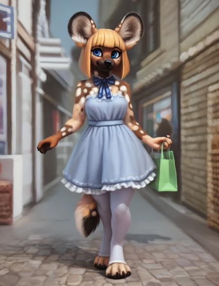 An anthropomorphic bipedal African wild dog dressed in people clothes doing a variety of every-day tasks, such as walking down a busy street and shopping at a market. ribbon around neck, freckles on face, white toeless legwear, thigh highs,cute, 3d render, detailed, realistic, photorealism, photorealistic, realism, FujiFilm XT3, octane render, volumetric lighting, night on the town, pretty frilly dress, solo focus, anthro, blue eyes, bob cut, blunt bangs, swept bangs, clothing color scheme is a mixture of blue and white. full-length portrait, soft focus. (by inkplasm, by kenket and foxovh:0.2), soft contrast, low contrast,