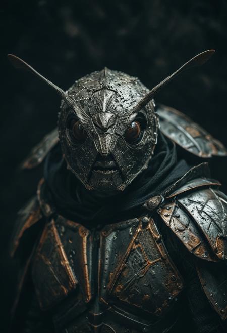 close up shot of a moth in iron armour, black cape, studio background, high-contrast palette, subtle grain, cinematic quality, modern art photograph, looking at viewer