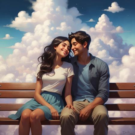 a beautiful young couple in love sits on a bench and daydreams, they look into the camera with big eyes and smiles
I'll build you a castle That lies in the clouds
I'll do anything for you
Everything there is But I only have one castle
That lies in the clouds.
Art by, Daniela Uhlig and Tatiana Suarez, greg rutkowski
