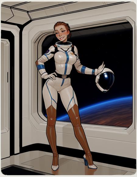 IllustriousQual, detailed face,
tall woman, milf, solo, thick build, long brown hair, hair pulled back, medium breasts, long legs, (muscular thighs:0.3),
flirty smiling, wearing a spacesuit and helmet, on a space station, posing in an airlock, view of blue planet out of window,
<lora:incaseIllustrious:0.8> incase style,