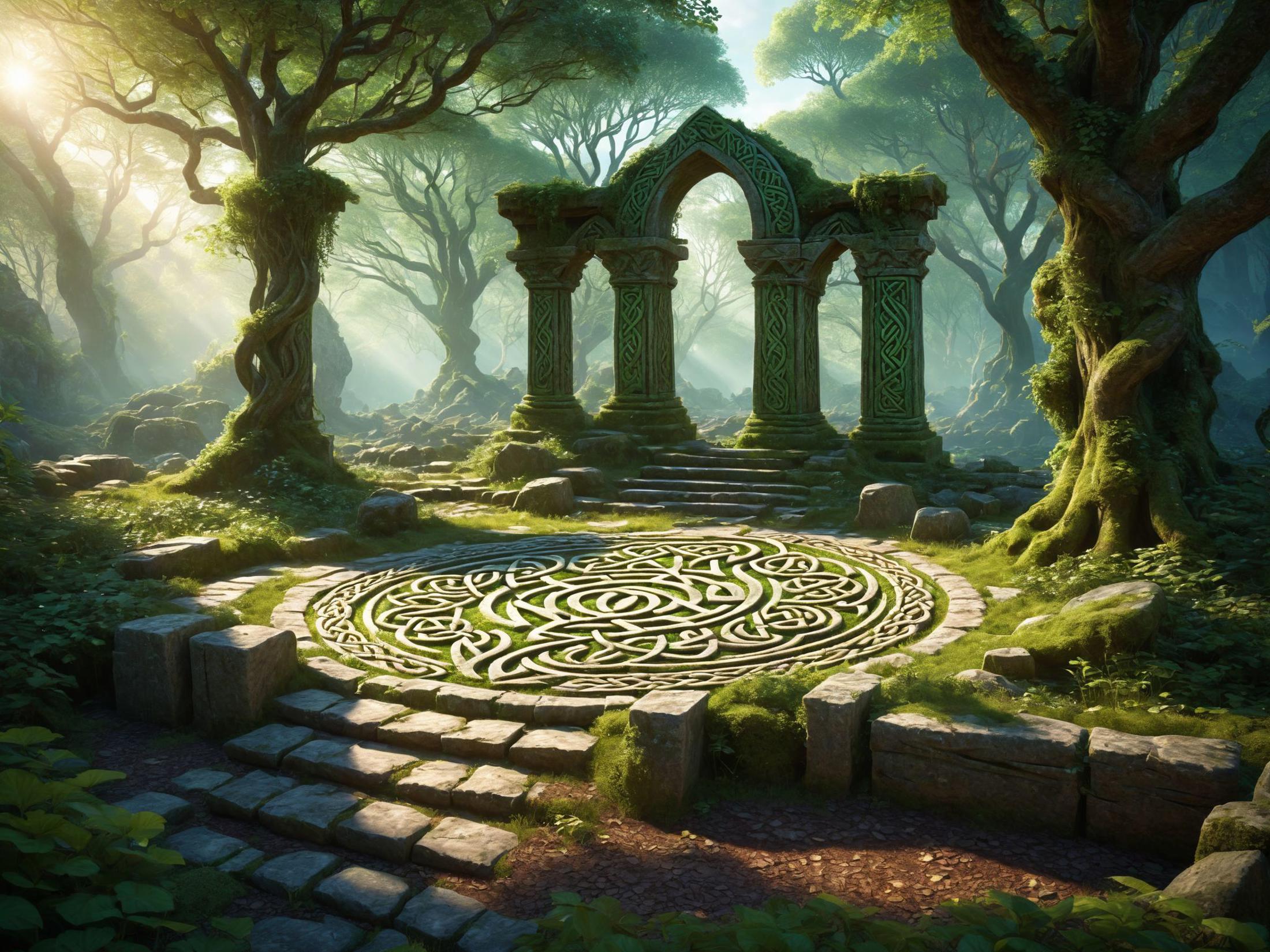 magical celtic forest, celtic ruins with celtic interlace pattern, celtic runes, (elves:1.8), 8k, high quality, fantasy, d...