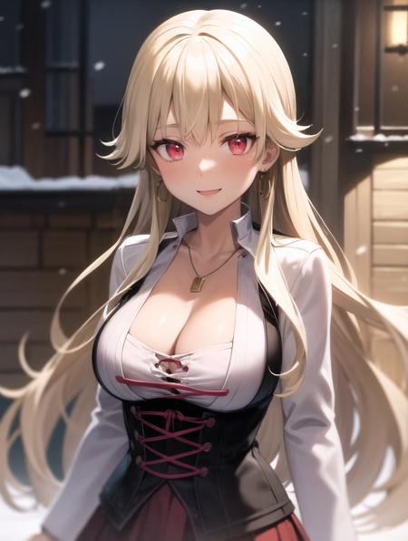 best quality, (masterpiece:1.2), illustration, absurdres,
(1girl, solo), (beautiful detailed girl), (upper body, portrait),
<lora:RoseliaOlder-06:0.8>, Roselia Millstein, blond hair, very long hair, red eyes, large breasts,
necklace, earrings, white shirt, cleavage, long sleeves, red laced corset, long skirt, red skirt, purple pantyhose, brown boots,
smile,
winter, cold, snow, snowing, harbor, port, dark, stone buildings, cobblestone buildings, medieval village, viking village,