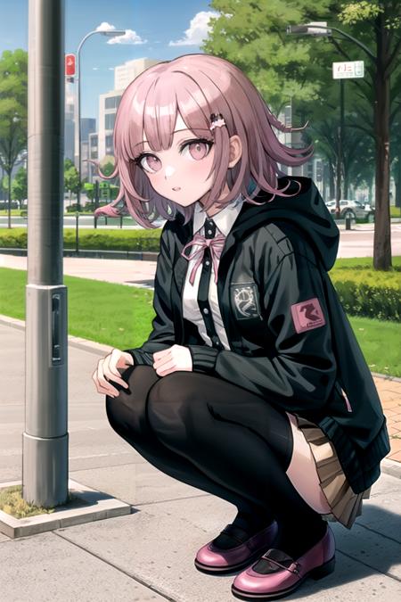 <lora:ChiakiDG:0.9>, 1girl, solo, hair ornament, shirt, jacket, ribbon, skirt, dress shirt, pink ribbon, open clothes, pleated skirt, white shirt, neck ribbon, collared shirt, hood, open jacket, bag, black jacket, long sleeves, shirt tucked in, brown skirt, hairclip, two-tone shirt, hooded jacket, breasts, medium hair,  (black thighhighs), (pink footwears), cowboy shot,  (perfect hands), squatting, outdoors, park, tree, sky, looking at viewer,