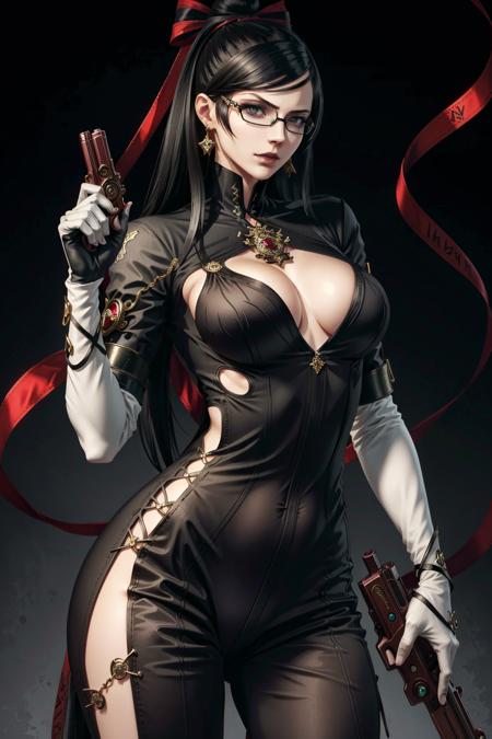 Bayo, 1girl, bayonetta, solo, weapon, gun, mole under mouth, glasses, mole, black hair, jewelry, gloves, earrings, handgun, clothing cutout, cleavage cutout, ribbon, long hair, amulet, hair ribbon, makeup, breasts, bodysuit
<lora:epi_noiseoffset2:1>,   <lora:Bayo:0.7>