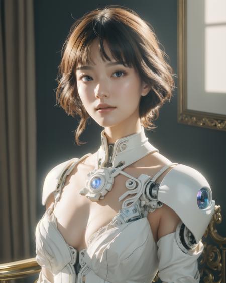 <lora:1girlmix:0.65>, mix4, <lora:cuteGirlMix4_v10:0.1>, complex 3d render ultra detailed of a beautiful porcelain woman cyborg, 1girl, natural skin texture, (realistic eye details:1.2), robotic parts, beautiful soft light, rim light, vibrant details, luxurious cyberpunk, hyperrealistic, anatomical, facial muscles, cable electric wires, microchip, elegant, beautiful background, octane render, APPLE style, 8k, best quality, masterpiece, illustration, an extremely delicate and beautiful, extremely detailed ,CG ,unity ,wallpaper, (realistic, photo-realistic:1.2),Amazing, finely detail, masterpiece,best quality,official art, extremely detailed CG unity 8k wallpaper, absurdres, incredibly absurdres, robot, silver halmet, full body, android, half classicism half surrealism aristocratic lady, doomsday wasteland, white ceramic and metal lace, (cleavage:0.6), high-tech prosthetics