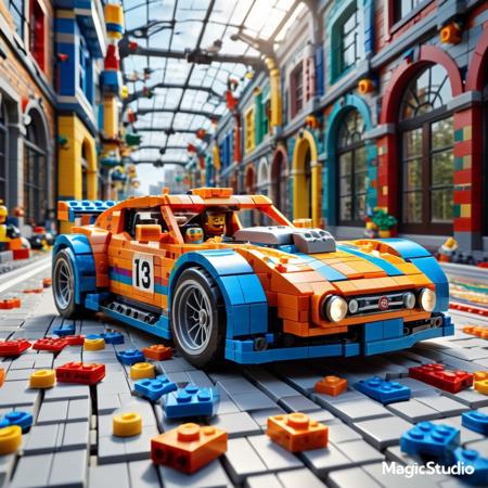Concept: dynamic, modular, vibrant, sleek, customizable, fast, playful, iconic, futuristic, tangible.
Core Elements: LEGO, bricks, car, wheels, vehicle, building, speed, racing, imagination, endless possibilities.
Atmosphere/Mood: exciting, energetic, nostalgic, imaginative, boundless, precise, whimsical, adventurous, optimistic, empowering.
Setting Details: futuristic LEGO race track, vibrant city backdrop, cheering minifigure crowd, glowing finish line, scattered loose bricks, pit stop area, shimmering light, dynamic motion blur.
Central Figure Details: sleek LEGO car, customizable design, studs and anti-studs, intricate brick connections, aerodynamic shape, oversized LEGO wheels, transparent brick windows, glowing headlights/taillights, minifigure driver, racing stripes, detachable spoilers, modular engine components.
Lighting: bright, clean, vibrant light, crisp shadows, sharp highlights on plastic, internal glow, dynamic light effects, playful illumination, sunbeams.
Composition: low angle, dynamic shot, moving perspective, leading lines of track, immersive view, detailed close-ups, sense of speed.
Color Palette: vibrant LEGO colors, primary reds, blues, yellows, greens, oranges, purples, teals, transparent colors, crisp whites, blacks, grays. High saturation, clean, contrasting, playful, vivid.
Quality: photorealistic, ultra detailed, precise brick connections, cinematic atmosphere, visually striking, hyperrealistic, artistic, playful, automotive, fantastical.