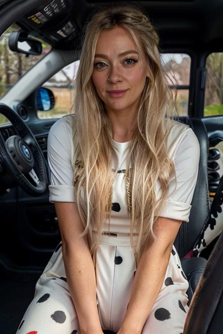 <lora:Cherry_Healey:1> masterpiece, best quality, detailed face, 1girl, solo, realistic, c1873h, long blonde_hair, dalmatian costume ,  vehicle interior , night
