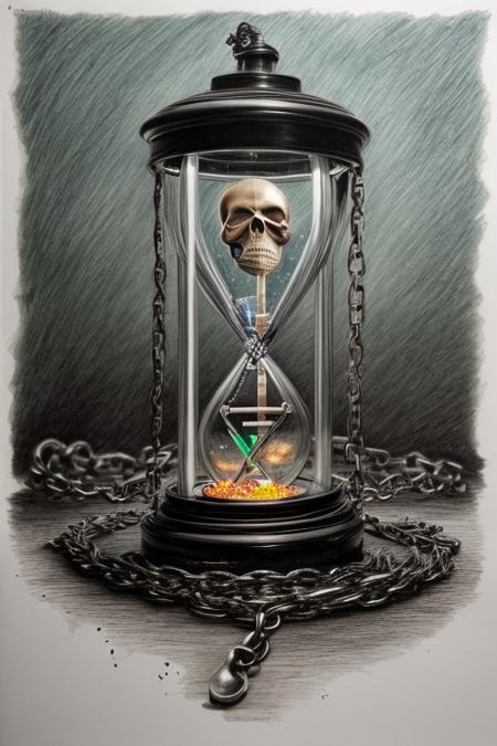 In the foreground: Skull:: DNA:: hourglass, in the background: roots:: wall: chains:: hyper detailed, beautifully color, insane detail, macabre, Ink style, pencil drawing, hyper realistic, spraypaint urban hiphop style, Post Processing, Post-Production, insanely detailed, hypermaximalist, elegant, hyper realistic, super detailed, photography, 64k, HDR