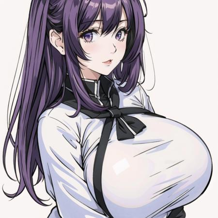 <lora:flat:-1> ,1girl,solo,<lora:animeoutlineV4_16:1> ,<lora:cute_manga_girl_v01:1> ,white theme,purple hair,short hair,looking at viewer,(huge breasts), (breasts apart),(naturally sagging enormous breasts:1.4),bad-girl,((mature female)),photorealistic,hires,(close up face:0.4),from front,<lora:add_detail:1>