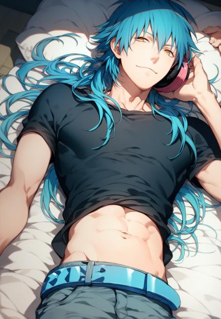 seragaki_aoba,1boy,blue hair,solo,yellow eyes,long hair,male focus,