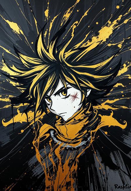 A hyper-stylistic, extremely detailed image depicts a breathtaking painting, crafted from a combination of smeared black and gold metallic paint. Sora is captured in a streaked motion, as if it is moving rapidly in one direction. The black paint is applied in bold, dynamic strokes, creating a sense of energy and movement that is contrasted beautifully by the golden accents. The gold paint is used to highlight sora's features, adding a sense of depth and dimensionality to the image. The overall effect is one of breathtaking, surreal dynamism, as if the viewer has captured a fleeting moment in time. Every detail of the image is meticulously crafted, from the delicate, swirling patterns of the gold paint to the intricate, textured patterns of the black paint. The contrasts between light and dark, color and texture, create a sense of tension and energy that draws the viewer in, inviting them to explore the kinetic world of the painting. highest-Quality, intricate details, visually stunning, Masterpiece