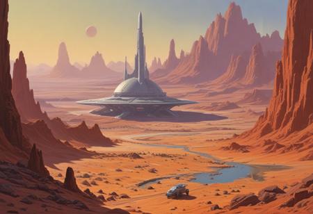 A pastel painting by a contemporary of Syd Mead, Frank Frazetta, and Zdzisław, in the style of retro-futuristic science fiction, capturing Mars Alma, a fantastical city on Mars, hidden among the crimson high peaks, where majestic biodomes shelter lush savannas and far-off lakes glisten.