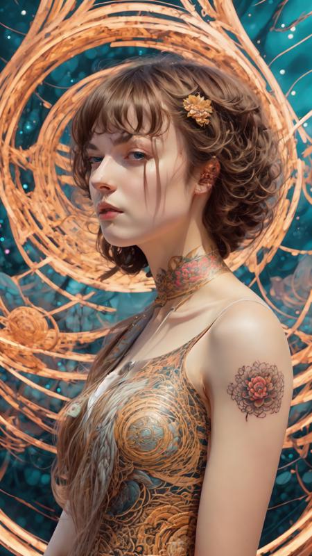 full body,from everywhere,(style of richard deacon), formal wear  android,1girl,a  beautiful girl in a colourful dress with colourful intricate tattoos surrounded by colourful patterns,(Luminous burning hair:1.2),  realistic fantasy, extremely detailed and beautiful , 8 k resolution, <lyco:gpts4 lite dreamwave_278580:1.0>