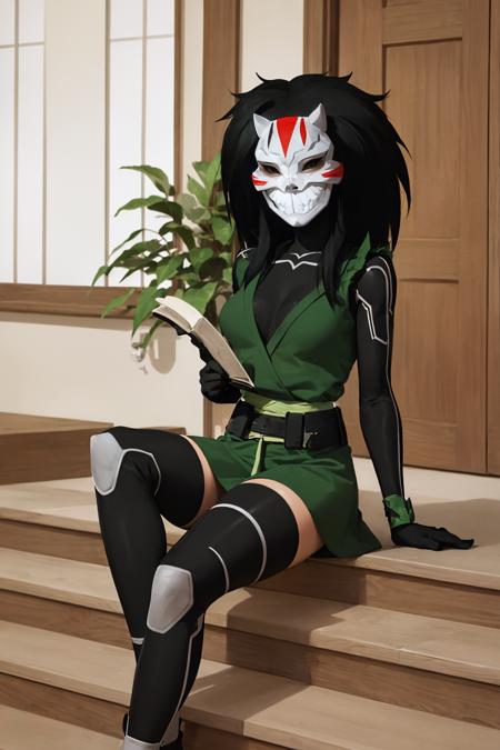 (masterpiece, best quality:1.2), <lora:cheshire:.9>, cheshire, 1girl, solo, black hair, green eyes, teeth, mask, sharp teeth, belt, hair tubes, long hair, grin, smile, breasts, large breasts, gloves, cosplay, black gloves, bodysuit, thighhighs, plant, reading, sitting, stairs, potted plant, leaf, shadow, sitting on stairs, wide shot, door, indoors