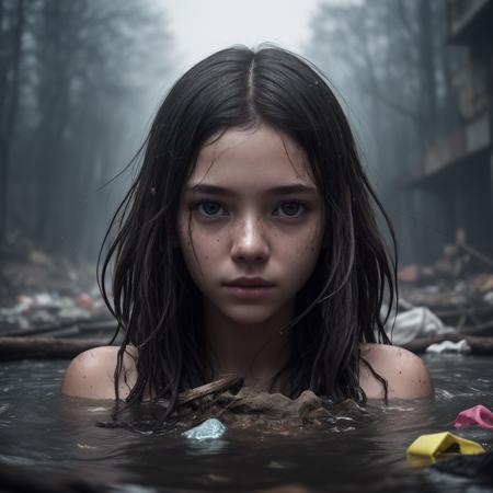 8k uhd,by Alessio Albi, dusty particles depth of field,detailed BREAK young girl whose face is centered in the frame, the beauty of her face is obscured by a massive pile of diverse debris surrounding her, almost as if she is drowning in it, contrast between, youth,chaos,surrounding trash, provoking composition,(detailed ambient,intricate ambient_occlusion, detailed)