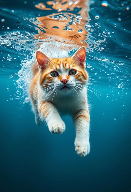 (Soft Lighting Photography by Mimoza Veliu and Mario Giacomelli:1.2), an underwater photograph of a charming orange and white domestic longhair cat diving into the ocean, captured in a high-speed shot that freezes the moment she breaks the surface. The scene is bathed in natural light, with intricate bubbles and ripples forming around.