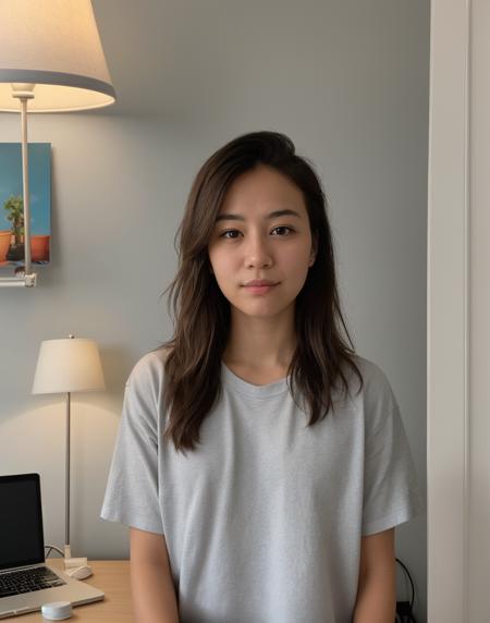 "Create a digital image that looks like a typical webcam photo. The image should be slightly grainy with lower resolution, showcasing natural but uneven lighting. The background should be simple, such as a plain wall or a home office setting with everyday items like a desk and a lamp. The subject, framed centrally, should show the head and shoulders with a relaxed expression, possibly looking at the camera. Casual clothing like a t-shirt or hoodie is preferred. Include subtle indicators of a webcam photo, such as a timestamp in the corner or slight lens distortion."