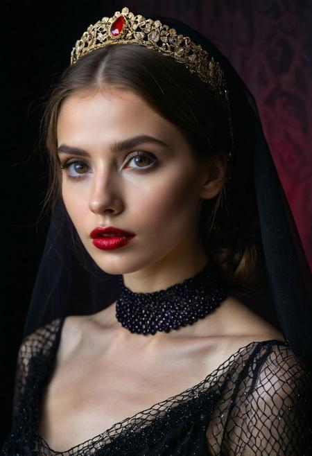 Persian Girl,A professional (fashion photo photography:1.2),a  (studio portrait:1.2),showing (surrealistic style:1.1),(black purple gradient background:1.2),(exaggerated character movements:1.5),against glass,(masterpiece, best quality:1.4), perfect body,  long hair, brown hair, brown eyes, parted lips, , detailed skin,model photoshoot, long bob-cut hair, shiny oiled skin, pale skin,  pale white skin, shiny oiled skin, pale skin, realistic eye and face details), hyperrealism, very slim,  4k HDRvaporwave style Ultra High Resolution, wallpaper, 8K,Rich texture details, hyper detailed, detailed eyes, detailed background, dramatic angle,Ultra High Resolution, wallpaper, 8K,Rich texture details, hyper detailed, detailed eyes, detailed background, wearing translucent veils, elegant profile pose, dark photography, dramatic lighting, black background, deep shadows, chiaroscuro, (old russian folk light dress red ornaments:1.1) slim elegant russian girl folk hairstyle halo above head (icon style:1.2) choker, make-up photography by (Ethel Warwick:1.3), modelshoot, pose, , (Ethel Warwick: 1,2) award winning photo macro shot  dramatic lighting,philosophical dimensions,NIKON Z9,35mm,f/1.2,RAW format,stark composition.,(muted tones:1.2),award winning photo,(dream-like quality:1.2),