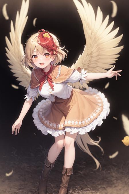 masterpiece, best quality,
 <lora:KutakaNiwatari:1>,1girl, blonde hair, wings, solo, red hair, niwatari kutaka, multicolored hair, petticoat, two-tone hair, feathered wings, shirt, short sleeves, white shirt, looking at viewer, bird, feathers, animal on head, tail feathers, orange dress, yellow wings, puffy sleeves, full body, brown footwear, puffy short sleeves, on head, blush, chick, dress, breasts, capelet, short hair, frills, boots, smile, red eyes, tail, skirt, red ribbon, black background, bangs, animal, ribbon, neck ribbon, medium breasts, leaning forward, standing, bird on head, frilled skirt, hand up, orange skirt, orange eyes, simple background, open mouth, bird wings