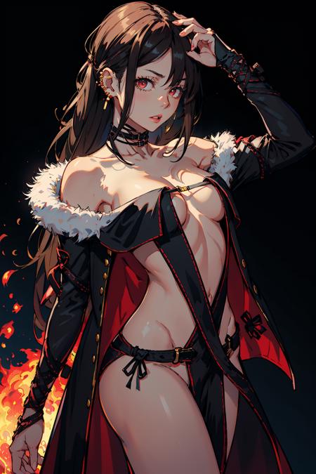 <lora:ConsortYu-12:1>,
YuThird, 1girl, solo, looking at viewer, simple background, brown hair, black hair, red eyes, long sleeves, white background, dress, navel, cleavage, bare shoulders, jewelry, medium breasts, collarbone, jacket, sidelocks, earrings, parted lips, open clothes, choker, black dress, open jacket, black jacket, fur trim, strapless, black choker, piercing, fire, ear piercing, revealing clothes, strapless dress, center opening, fur-trimmed jacket, multiple earrings, ribbon-trimmed dress