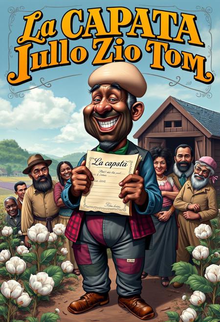 “Create a caricature-style book cover inspired by Uncle Tom’s Cabin, reimagined as La CAPATA dello Zio Tom. The design should combine humor and social commentary with bold, vibrant colors, evoking a 19th-century vintage book cover aesthetic.
Uncle Tom is depicted as a larger-than-life, jovial character with a large, exaggerated bump on his head, having just knocked it against a wall. His attire is patched yet colorful, and he’s holding an oversized, ornate contract or receipt labeled ‘La Capata,’ symbolizing the deposit. The bump on his head adds a humorous, slapstick element to the scene.
Around him, incorporate exaggerated caricatures of key characters from the novel, each embodying whimsical yet pointed social commentary. The plantation backdrop should include surreal, playful elements, such as oversized cotton plants and an idyllic yet exaggerated landscape.
The title, La CAPATA dello Zio Tom, should dominate the cover with intricate, ornate typography, blending classic 19th-century styles with a lively, modern twist. Add small, humorous details, like hidden icons or ironic elements, to complete the satirical tone while respecting the serious themes of the original work.”