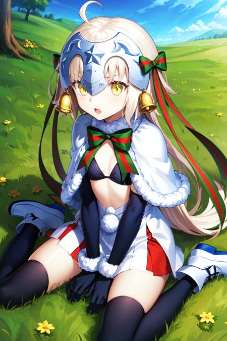 aasl, long hair, ahoge, headpiece, bell, hair ribbon, white capelet, striped bow, fur trim, bikini top only, black bikini, elbow gloves, black gloves, white skirt, pom pom (clothes), black thighhighs