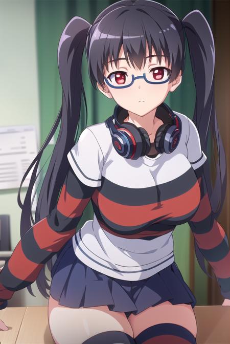 iorikousaka, <lyco:iorikousaka-lyco-nochekaiser:1>, 
iori kousaka, black hair, twintails, glasses, (red eyes:1.5),
BREAK skirt, thighhighs, pantyhose, (striped sleeves:1.5), shirt, headphones, t-shirt, clothes writing, semi-rimless eyewear, headphones around neck, raglan sleeves,
BREAK looking at viewer,
BREAK indoors,
BREAK <lora:GoodHands-vanilla:1>, (masterpiece:1.2), best quality, high resolution, unity 8k wallpaper, (illustration:0.8), (beautiful detailed eyes:1.6), extremely detailed face, perfect lighting, extremely detailed CG, (perfect hands, perfect anatomy),