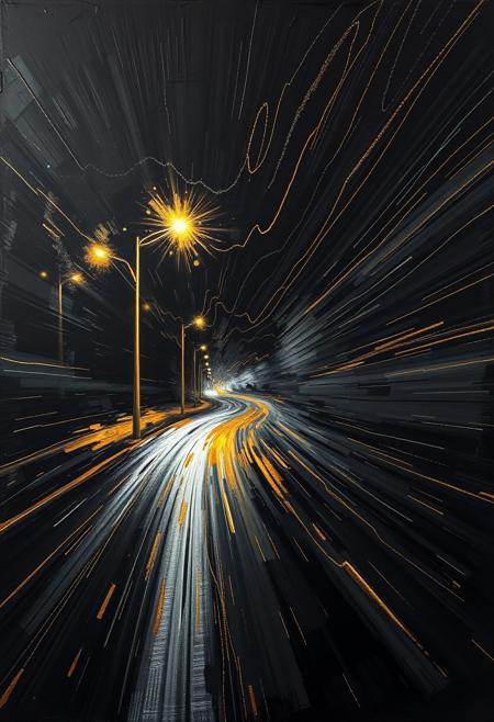 A hyper-stylistic, extremely detailed image depicts a breathtaking painting, crafted from a combination of smeared black and gold metallic paint. An empty street and a lone street light at night is captured in a streaked motion, as if it is moving rapidly in one direction. The black paint is applied in bold, dynamic strokes, creating a sense of energy and movement that is contrasted beautifully by the golden accents. The gold paint is used to highlight the street and street lights features, adding a sense of depth and dimensionality to the image. The overall effect is one of breathtaking, surreal dynamism, as if the viewer has captured a fleeting moment in time. Every detail of the image is meticulously crafted, from the delicate, swirling patterns of the gold paint to the intricate, textured patterns of the black paint. The contrasts between light and dark, color and texture, create a sense of tension and energy that draws the viewer in, inviting them to explore the kinetic world of the painting. highest-Quality, intricate details, visually stunning, Masterpiece