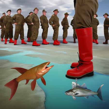 <lora:start:1> photo of the continent with a fish from down under  a small army with red boots  meaningful minister