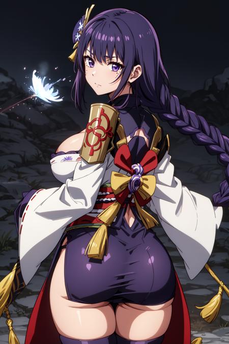 (Masterpiece), high quality, best quality, raiden shogun, genshin impact, purple hair, purple eyes, mole under eye, long hair, braided ponytail, hair flower, hair ornament, purple flower, single braid, sidelocks, <lora:Raiden-Shogun-V1-000004:0.7>, 1girl, solo, large breasts, looking back at viewer, huge  ass, ass focus, from behind, bangs, thighhighs, long sleeves, ribbon, cleavage, closed mouth, standing, cowboy shot, japanese clothes, black thighhighs, wide sleeves, kimono, mole, sash, obi, shoulder armor, tassel, bridal gauntlets, geta, obijime, tomoe (symbol), obiage, mitsudomoe (shape)