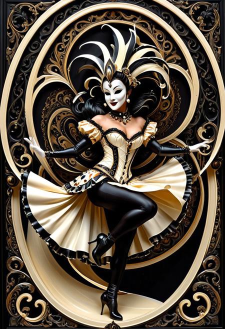 (A harlequin dancer:1.4) frozen (mid-spin:1.3), (flowing costume:1.3) made of (ebony and ivory panels:1.4) with (ornate scrimshaw motifs:1.5), (polished bone mask:1.3), (motion ribbons:1.3) trailing with (delicate curves:1.3), (soft spotlight:1.2), (balanced composition:1.3), (fluid anatomy:1.4), (surreal stillness:1.3), (theatrical elegance:1.3), (lora:juggernaut), made out of, ebony, ivory, scrimshaw, bone carving
