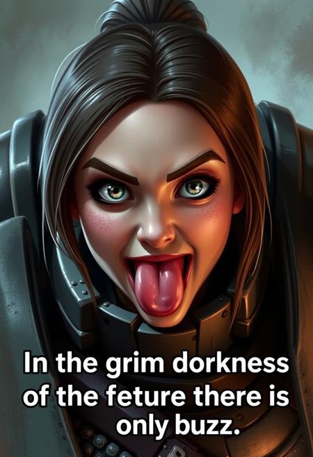 Warhammer 40k space marine, female portrait, she is looking at you with her tongue sticking out, one eye bigger than the other, and a ridiculous derpy excited expression of slack-jawed idiocy, and text below her reads, "In the grim dorkness of the future there is only buzz"