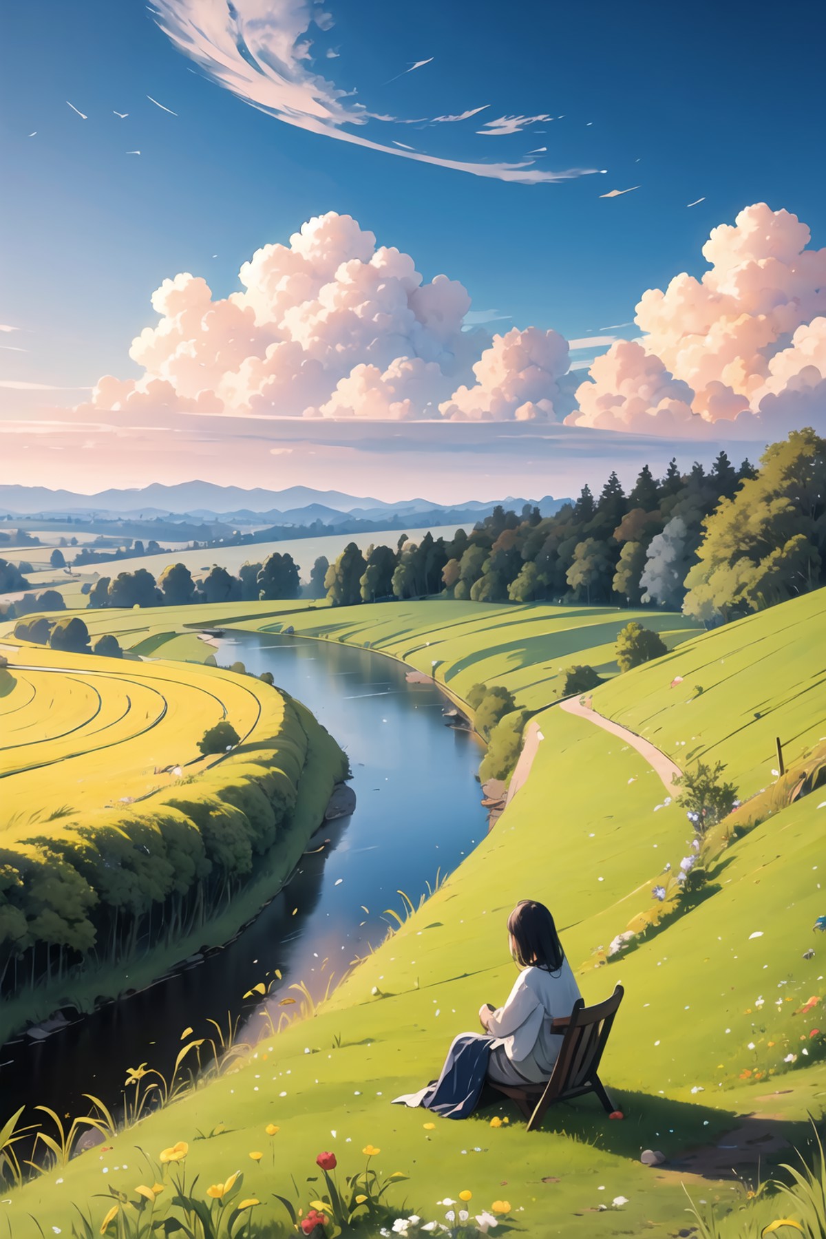 grass,cloud,(sitting person),dreamscape,dream,landscape,<lora:DreamscapeIllustration:0.5>,