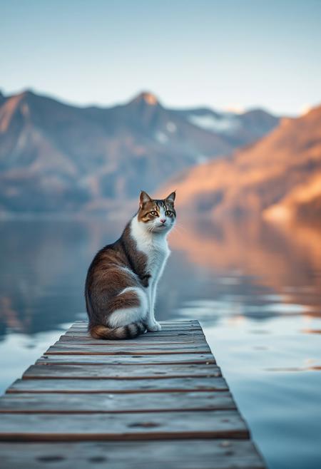 (Soft Lighting Photography by Mimoza Veliu and Mario Giacomelli:1.2), NSFW, Cinematic photography. A photo-realistic shoot of a cat sitting at the end of a jetty on tranquil mountain lake, with mountains in the background,.