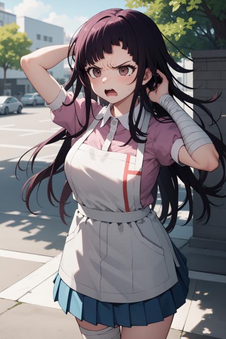 masterpiece, best quality, highres, large breasts, tmikan, purple hair, (brown eyes:1.2), long hair, messy hair, bandaged arm, bandaged leg, bandaid on knee, pink shirt, puffy short sleeves, white apron, pleated skirt, outdoors, hands on own head, angry, open mouth<lora:Mikan-16:1>