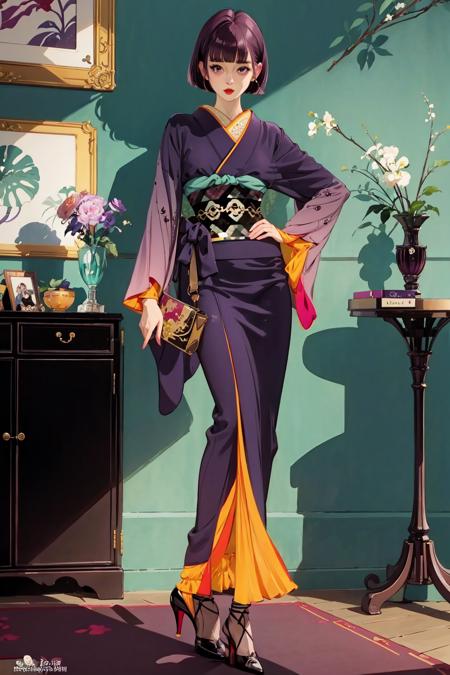 1girl, solo, looking at viewer, short hair, long sleeves, brown eyes, standing, full body, purple hair, japanese clothes, wide sleeves, blunt bangs, kimono, nail polish, black footwear, high heels, dated, cup, sash, makeup, obi, bob cut, lipstick, red nails, drinking glass, red lips, red kimono, cocktail glass,
 <lora:matsuo:1>